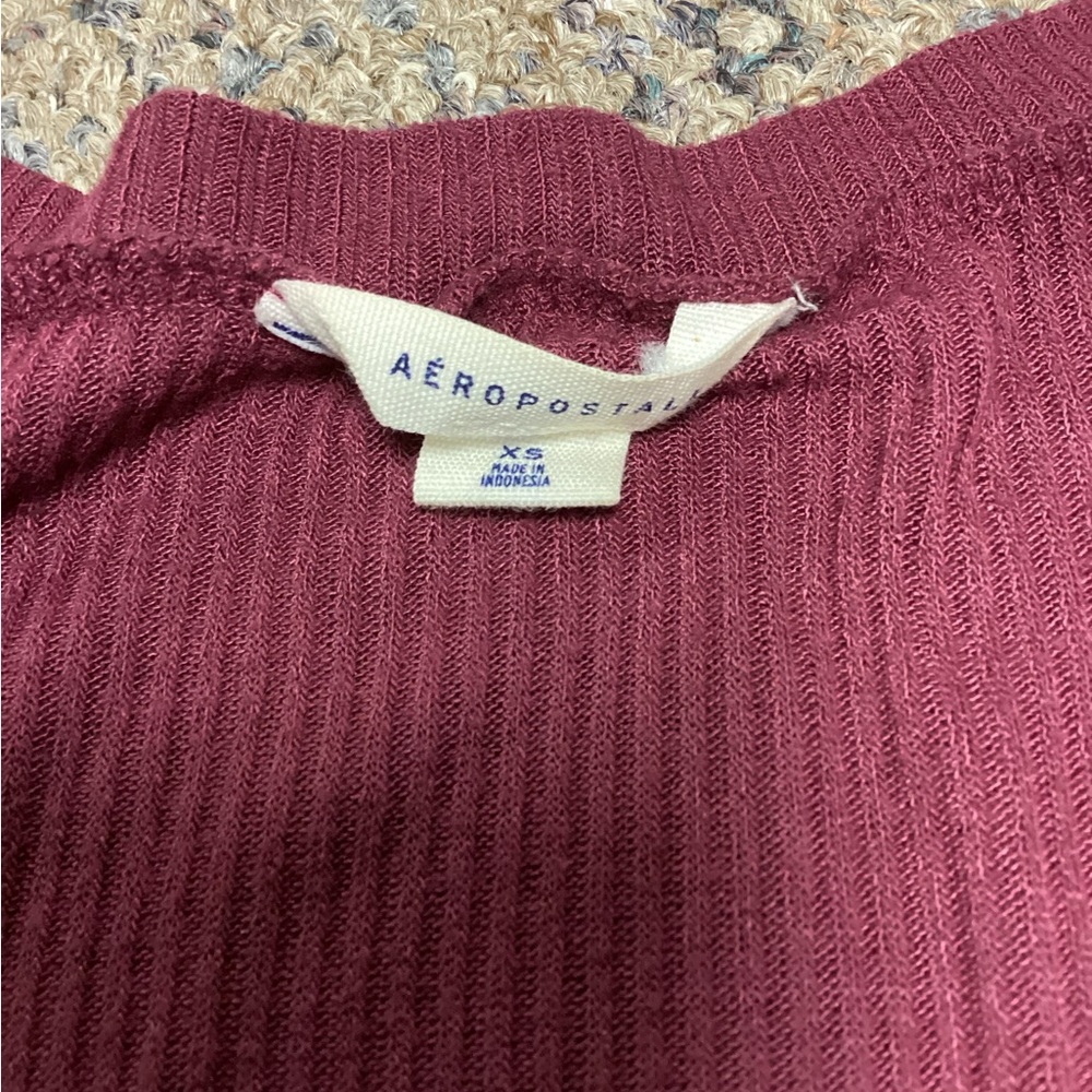 Aeropostale Burgundy Mauve Ribbed Lace-Up V-Neck Long Sleeve Top * Size XS - Picture 3 of 8